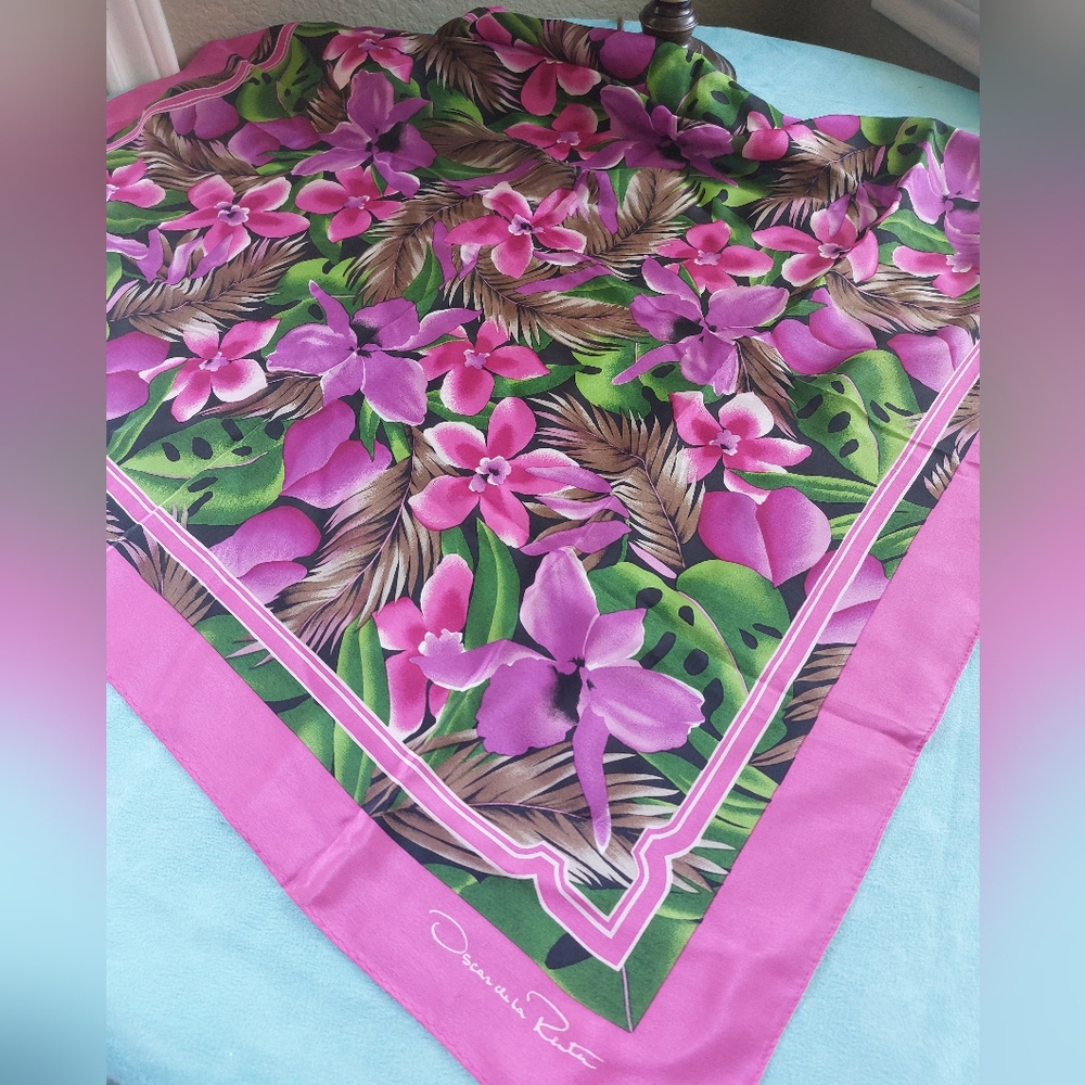 Oscar de le Renta Tropical Designed Silk Scarf, Vintage